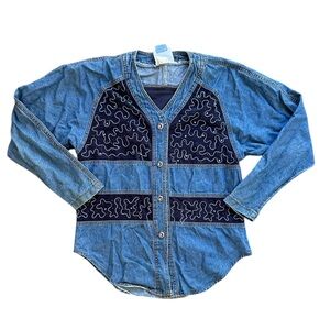 Vintage Monique Fashion patchwork denim shirt with embroidered details